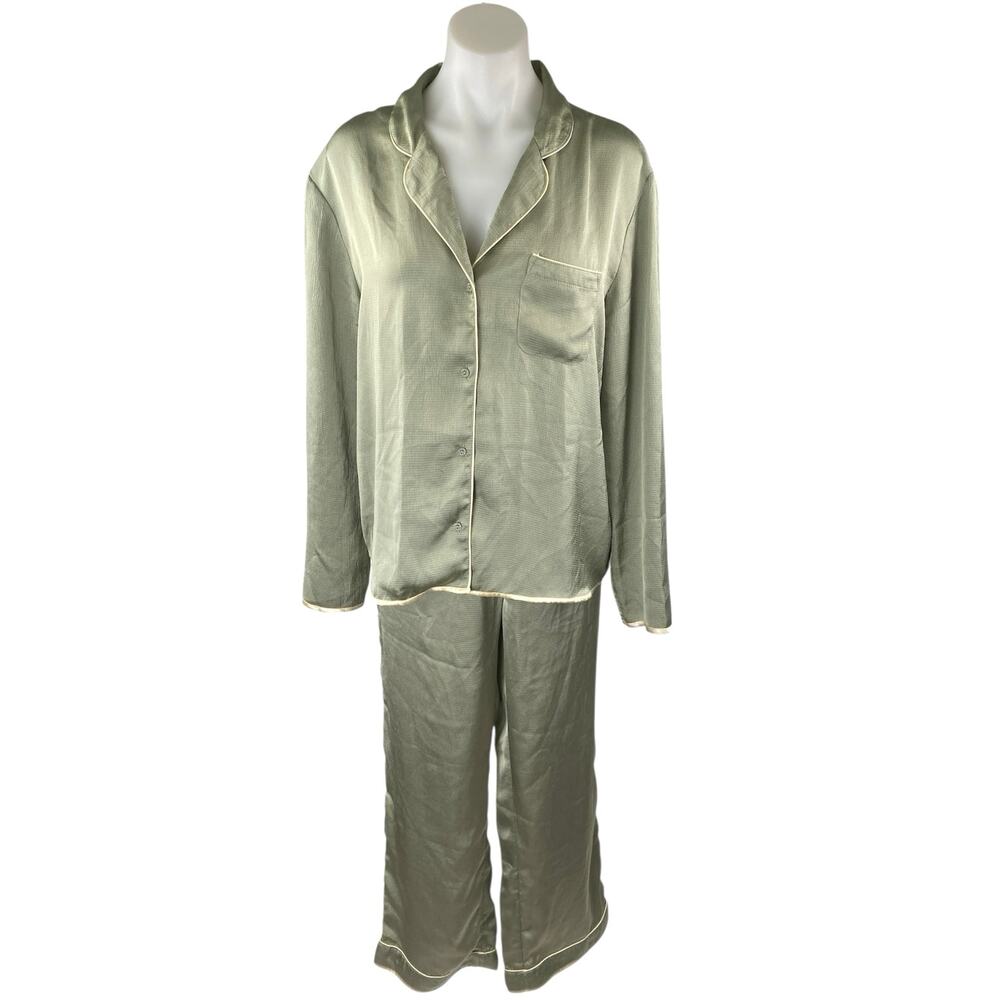 Topshop Women's Green Silk Satin Long Sleeve Button Down Pajama Set Size 8/10